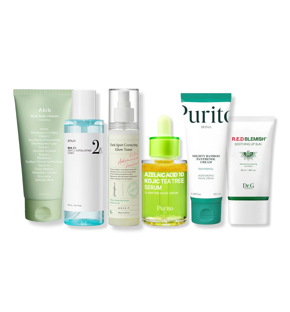 Korean acne skincare routine featuring Abib Heartleaf Foam Cleanser, AXIS-Y Dark Spot Correcting Glow Toner, Anua BHA 2% Exfoliating Toner, PURITO Azelaic Acid Kojic Tea Tree Serum, PURITO Mighty Bamboo Panthenol Cream, and DR. G R.E.D Blemish Soothing Up Sun SPF50 — top-rated acne set by Demythskin Analyzer