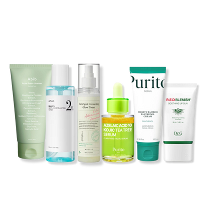 Korean acne skincare routine featuring Abib Heartleaf Foam Cleanser, AXIS-Y Dark Spot Correcting Glow Toner, Anua BHA 2% Exfoliating Toner, PURITO Azelaic Acid Kojic Tea Tree Serum, PURITO Mighty Bamboo Panthenol Cream, and DR. G R.E.D Blemish Soothing Up Sun SPF50 — top-rated acne set by Demythskin Analyzer
