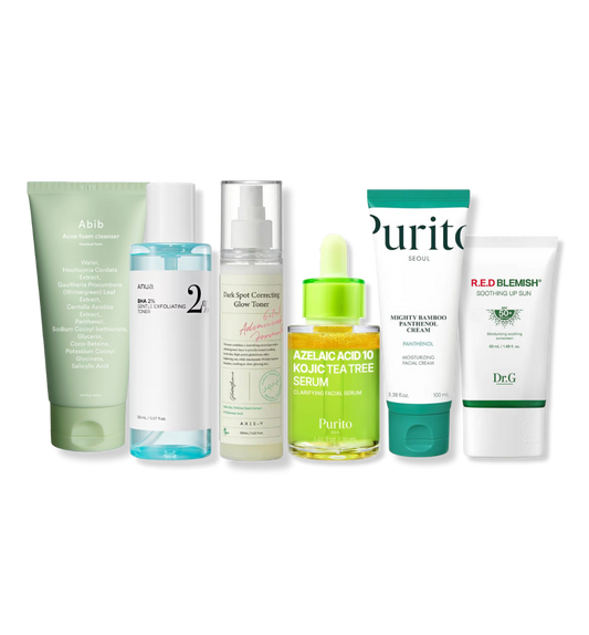 Korean acne skincare routine featuring Abib Heartleaf Foam Cleanser, AXIS-Y Dark Spot Correcting Glow Toner, Anua BHA 2% Exfoliating Toner, PURITO Azelaic Acid Kojic Tea Tree Serum, PURITO Mighty Bamboo Panthenol Cream, and DR. G R.E.D Blemish Soothing Up Sun SPF50 — top-rated acne set by Demythskin Analyzer