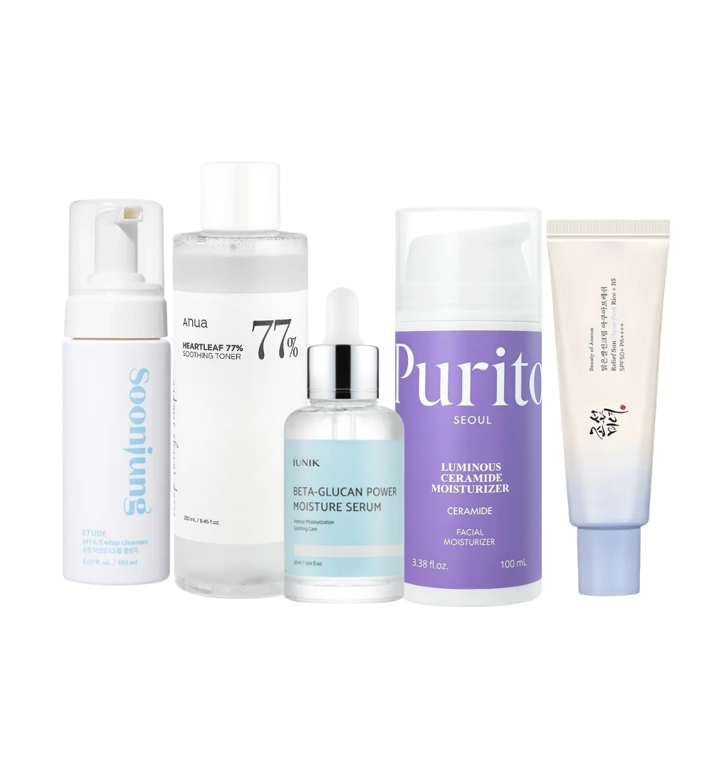Korean skin barrier repair routine featuring ETUDE SoonJung Whip Cleanser, Anua Heartleaf 77% Soothing Toner, iUNIK Beta-Glucan Power Moisture Serum, PURITO Luminous Ceramide Moisturizer and sunscreen — top-rated barrier support set by Demythskin Analyzer
