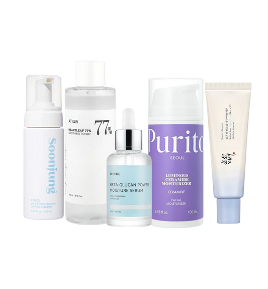 Korean skin barrier repair routine featuring ETUDE SoonJung Whip Cleanser, Anua Heartleaf 77% Soothing Toner, iUNIK Beta-Glucan Power Moisture Serum, PURITO Luminous Ceramide Moisturizer and sunscreen — top-rated barrier support set by Demythskin Analyzer