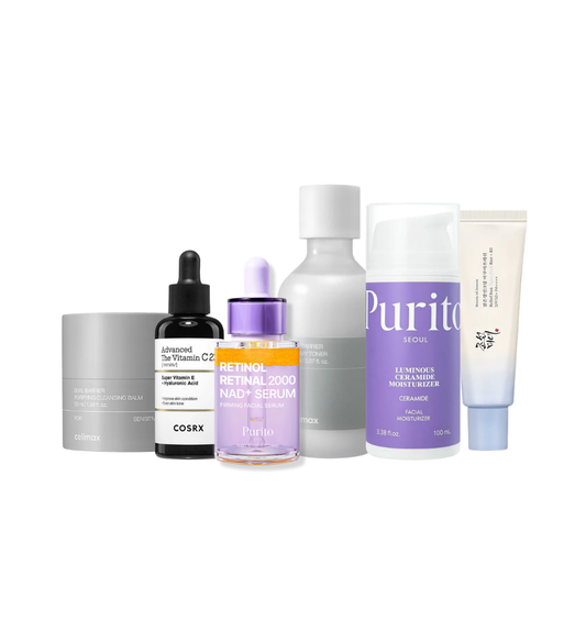 slow aging | Best Anti-aging skin routine. Cleanser
celimax Dual Barrier Purifying Cleansing Balm EFF 4.1 · SAFE 4.7
Toner
celimax Dual Barrier Creamy Toner EFF 4.1 · SAFE 4.7
Serum · AM
COSRX Advanced The Vitamin C 23 Serum EFF 4.6 · SAFE 4.2
Serum · PM
PURITO Retinol Retinal 2000 NAD+ Serum EFF 4.6 · SAFE 4.0
Moisturizer
PURITO Luminous Ceramide Moisturizer
Sunscreen
Beauty of Joseon Relief Sun: Rice + Probiotics EFF 4.6 · SAFE 4.5
