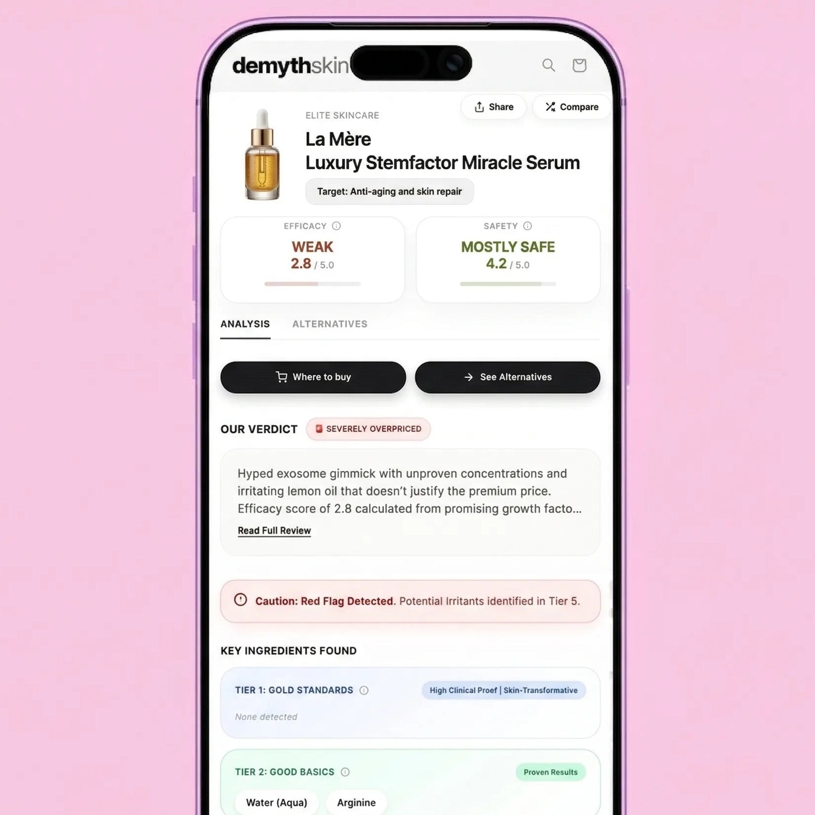 the image of Demythskin skincare ingredient scanner & checker showcase - see if your favorite skincare product is actually effective. Find best skincare dupes & alternatives. See best ani-aging skincare products and best skincare for acne skin